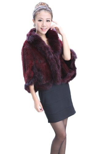 Queenshiny Women's Knitted Mink Fur Cape With Fox Collar-Wine Red-M(8-10)