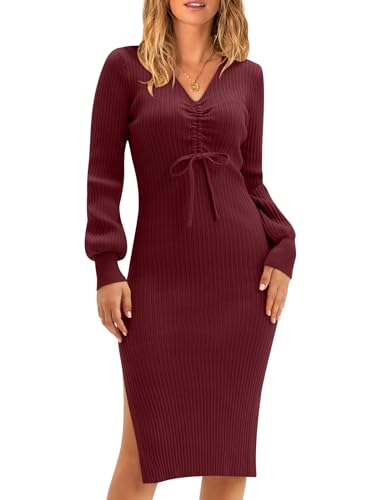 DEEP SELF BODYCON DRESS LONG SLEEVE MIDI DRESS SEXY DRESSED FOR WOMEN DATE NIGHT KNIT DRAWSTRING NECK BLUE PENCIL DRESS