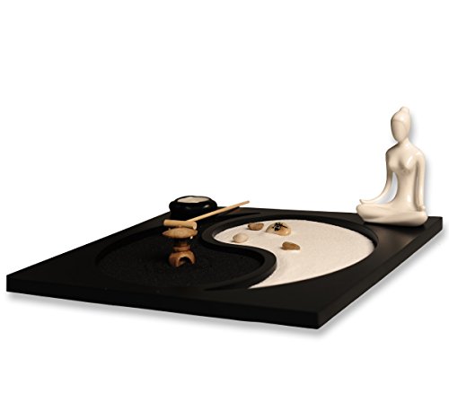 ICNBUYS Tai Chi Pattern Zen Garden with Buddha Status Wooden Rake Rocks Mini Pavilion and Candle Holder Set with Free Rake and Pushing Sand Pen Base Tray Dimensions 11.8 x 11.8 x 0.4 inches - Thumbnail 5
