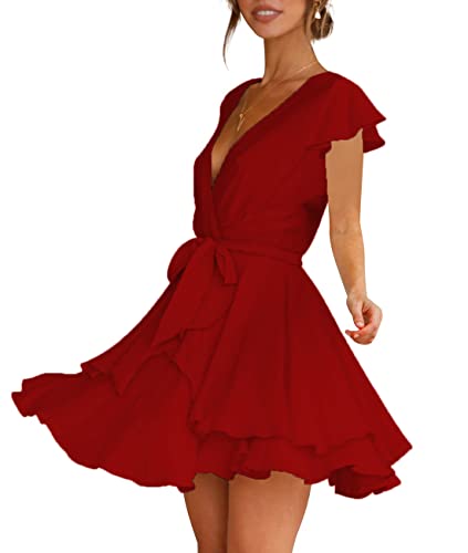 FLYBONY WOMENS SHORT SLEEVE V NECK DRESS TIE WAIST RUFFLE MINI SWING SKATER DRESSES WINE RED