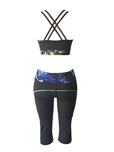 Women Gym Yoga Workout Activewear Sets Unpadded Sports Bra Top + Crop Leggings 2 Pieces Set (M/L, Neon Yellow/Blue Black Mix)