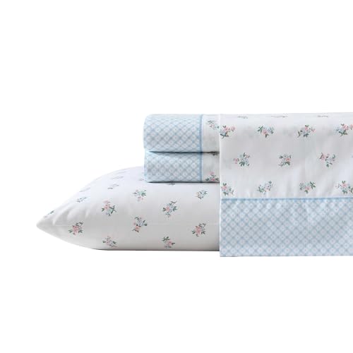 Laura Ashley - Juego de sábanas, Ropa de Cama de algodón percal Transpirable, 200 Hilos, Bolsillo Profundo, decoración Elegante para el hogar (Azul harperette, matrimonial)