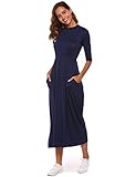 Halife Women's Smock Neck 3/4 Sleeve Fit And Flare Long Midi Dress With Pockets
