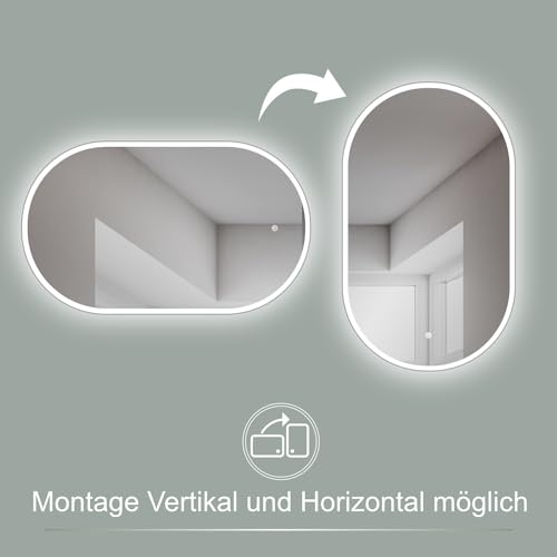 HOKO® Oval LED Design Mirror, 45 x 75 cm, High + Horizontal Mount, Illuminated Bathroom Mirror, Also as Vanity Mirror