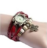 Ankin Luxury New Fashion Butterfly Pendant Quartz Retro Weave Wrap Around Leather Bracelet Quartz Woman Vintage Wrist Watch Designer Gift (Red)