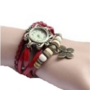 Ankin Luxury New Fashion Butterfly Pendant Quartz Retro Weave Wrap Around Leather Bracelet Quartz Woman Vintage Wrist Watch Designer Gift (Red)