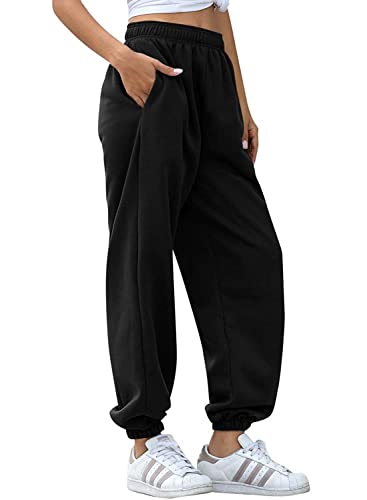 AROGONE Womens Comfy High Waist Sweatpants Loose Baggy Lounge Casual Joggers Sweat Pants Cinch Bottom with Pockets Black Small