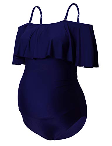 Maternity Swimsuit One Piece Bathing Suit Off Shoulder Flouncing Bikinis Tankini Beachwear Navy Blue XL