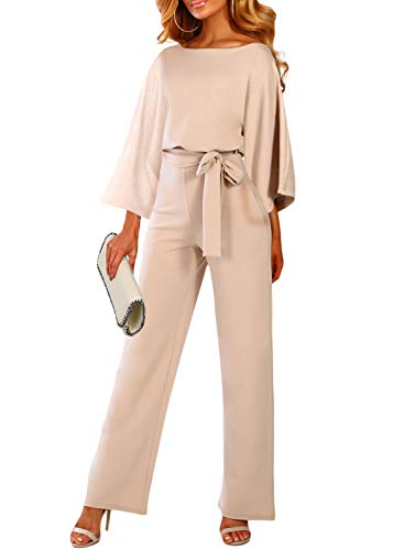 Happy Sailed Womens Long Sleeves Elegant Playsuit Wide Leg Jumpsuit Romper Belted Medium Apricot