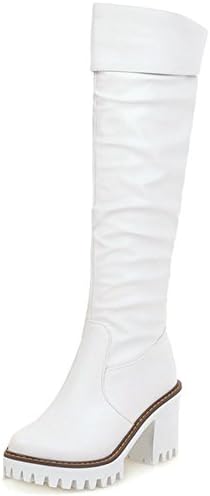 Summerwhisper Women's Trendy Plain Round Toe High Block Heel Platform Knee High Biker Boots White 7 B(M) US