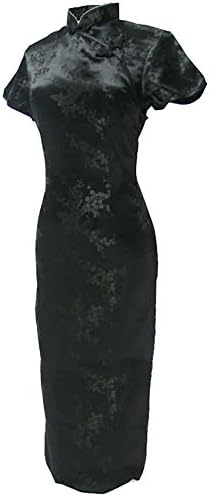 7Fairy Women's VTG Black Floral Long Chinese Party Dress Cheongsam