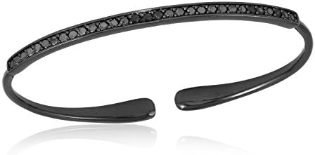 ZILVER STAINLESS STEEL OPEN CUFF BANGLE BRACELET SINGLE BLACK ROW CZ FOR WOMEN (BLACK)