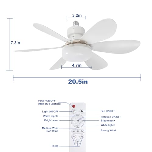 DBFAIRY 52cm Ceiling Fans with Lights, E27 Base Screw in Small Ceiling Fans Lights with Remote Timer 3 Colors Dimmable, 3 Speeds, 3000K-6500K LED Light for Bedroom Kitchen Office Dormitory