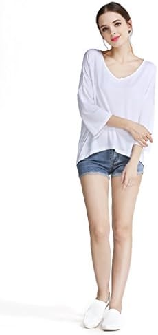 AEETE Women's 3/4 Sleeve V Neck Casual Top S White