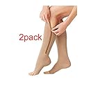 iEase 2 Pairs Compression Socks Open Toe Leg Support Stocking Knee High Socks with Zipper 15-20 mmHg (2pairs Beige, L/XL)