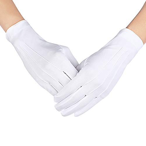 White Stitched Cotton Gloves for Formal Tuxedo Jewelry Inspection, 2 Pairs (Nylon 10 Inch)