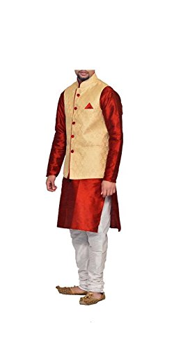 inyour men's silk dark gold waiscoat,red kurta,white pajama set_inyour-tr3176wcp