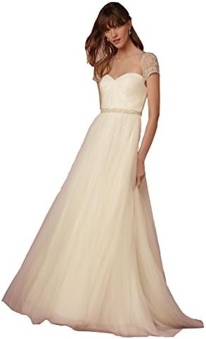 Isabelwedding Women's Ruched Cap Sleeves Empire Waist Beach Wedding Dress White US4