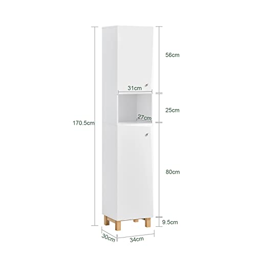 SoBuy Tall Slim Bathroom Storage Cabinet with 2 Doors and 1 Drawer, Long Cabinet Storage Narrow Standing Storage Cupboard for Laundry Room, Kitchen and Corner Spaces, White, BZR91-W