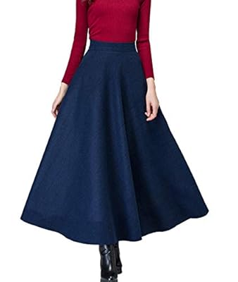 Femirah Women's High Elastic Waist Maxi Skirt A-line Plaid Winter Warm Flare Long Skirt