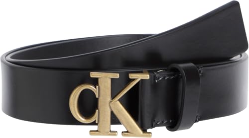 Calvin Klein Ceinture Femme Monogram Plaque Buckle 3,0 cm Cuir, Noir (Black/Tumbled Gold), 65 cm