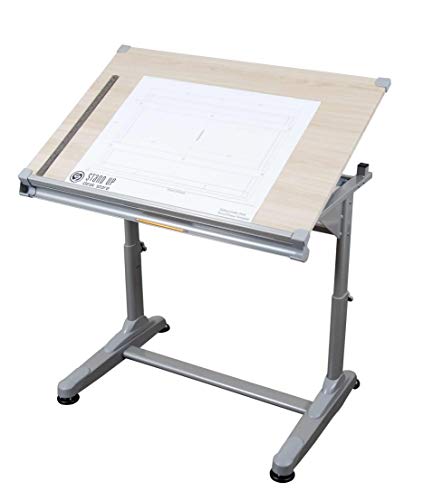 Stand Up Desk Store Height Adjustable Drawing and Drafting Table with 39.2" W x 27.5" D Surface, Silver Frame with Birch Top