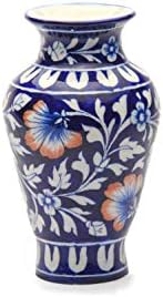 Traditional Era Blue Pottery Vase -Sparkling Decorative Table Vase with Floral Pattern, 7” Designer Handcrafted Vase (Dark Blue)