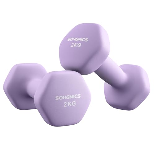 SONGMICS ダンベル 2 kg 2個セット 鋳鉄製 ネオプレンコーティング 六角形 転がらない 滑り止め 16 x 8 x 7.5 cm