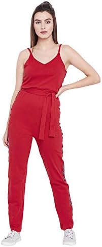 The Silhouette Store Shoulder Strap Red Sporty Jumpsuit with Tape Detailing