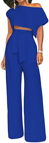 Fadvanes Womens Two Piece Outfits Jumpsuit Solid Short Sleeve Crop Top and Flare Bell Bottom Pants Set with Belt Blue M