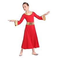 MYRISAM Kids Girls Long Sleeve Praise Dance Robe Liturgical Worship Dress Celebration of Spirit Costume w/Sequin Elastic Belt Red 12-13T