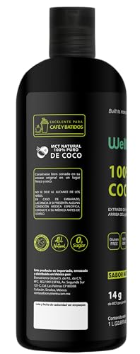 Wellthy MCT Oil 1L Aceite 100% Coco Natural. 66 Porciones, C8+C10 Alta Pureza, Keto y Paleo Safe, Sugar Free, Vegan, NON GMO, Gluten Free, Libre de Soya, Libre de Palma, Origen Filipino.