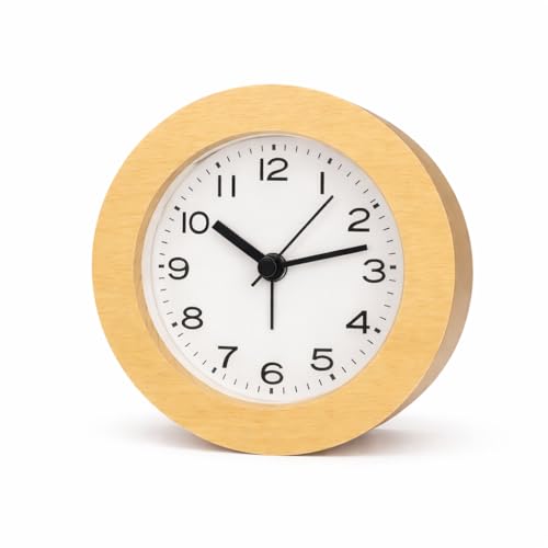 Relógio de Mesa Analógico de Madeira Redondo Decorativo Silencioso 11cm Design Decorativo Sem Tique-Taque Com Led Escritório