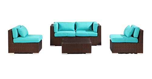 Kardiel Modify-It Aloha Kauna 5 Piece Espresso Wicker Set Patio Outdoor Furniture Loveseat/Sofa, Turquoise