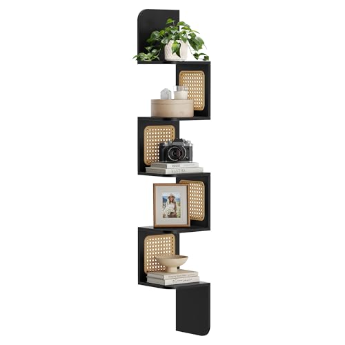 VASAGLE 5-Tier Zigzag Corner Floating Wall Shelf, PVC Rattan Sides