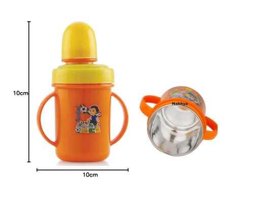 Zerya Hippo Baby Sipper Milk Bottle for Infant Toddler 250 ml, Anti-Spill Sippy Cup with Soft Silicone Nipple BPA Free, with Steel Inner (Orange) 4