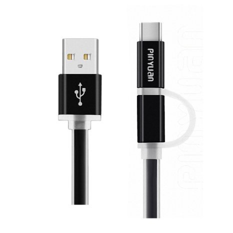 USB-C Cable,USB-C / Micro USB 2-in-1 Duo Cable Pinyuan Micro USB Type-C Duo Cable with Type C Convert Adapter,Charging Data Sync Cable for both micro USB Devices and Type-C Devices (3.3ft / 1m Black)