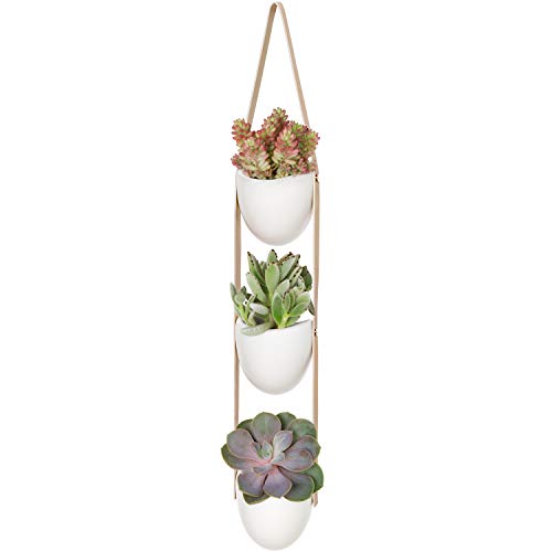Mkono Ceramic Hanging Planter 3 Tier Indoor Wall Flower Pot with Leather Strap for Succulent Herb Air Plant Live or Faux Plants Modern Vertical Garden Home Decor