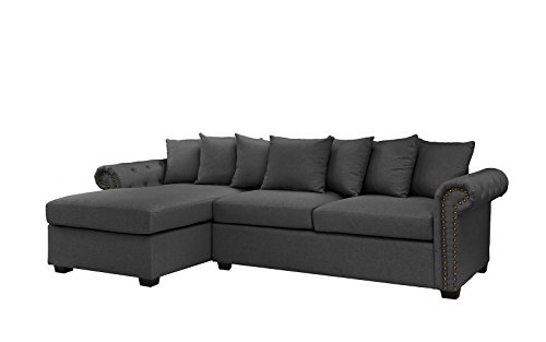 Modern Large Tufted Linen Fabric Sectional Sofa, Scroll Arm L-Shape Couch (Dark Grey)