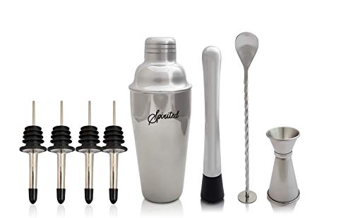 Spirited Premium Cocktail Shaker 8-teiliges Bar-Set mit Edelstahl Cobbler Shaker, Rührlöffel, Stößel, 4 Likörausgießer… – Bild 3