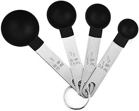 Juego de 8 tazas y cucharas medidoras, cucharas medidoras apilables negras para medir ingredientes secos y líquidos, cucharadita pequeña con cabeza de plástico