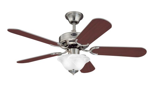 UPC 024034787737, Westinghouse 7877365 Richboro SE Two-Light 42-Inch Reversible Five-Blade Indoor Ceiling Fan, Brushed Nickel with Frosted White Alabaster Glass Bowl