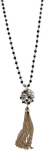 Madison Kate Fashion Gold Tone Pave Beaded Tassels Fringe Pendant Statement Necklace