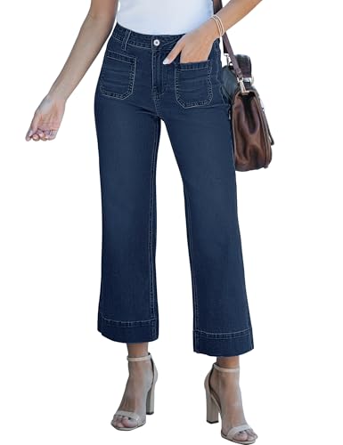 luvamia Wide Leg Jeans for Women Trendy High Waisted Flare Jeans Cropped Denim Pants Stretchy Baggy with Patch Pockets