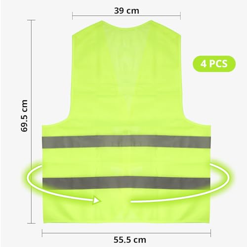 4 Pack Reflective Vest | Fluorescent Vest with Reflective Strips | High Visibility Vest for Car, Construction | Fluorescent Green