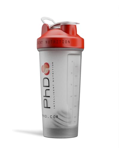 PhD Nutrition Mixball Shaker, Shaker for Protein Shakes, Wire Mixball Whisk, Red Non-Drip Screw Lid, Transparent Colour, 600 ml