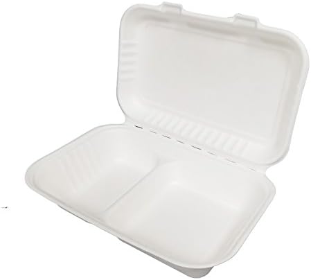 Earthable- Eco-Friendly, 100% Compostable, Renewable and Recyclable, with Sugarcane Fiber Heavy Duty Disposable Take Out Container Clamshell Boxes (125, 9"x 6"x 3" w/2 Compartments)