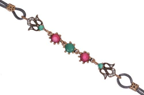 Antique Round Shape Ruby Emerald Gemstone Tulip Filigree Diamond Accent Hurrem Sultan Style Vintage Bracelet