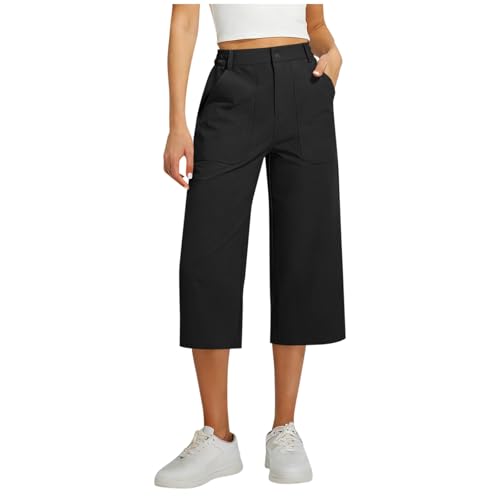 Fitted Cargo Pants Women Cargo Capris for Women with Pockets Wide Leg High Waisted Summer Casual Work Capri Pants Loose Fit Cropped Trousers Black