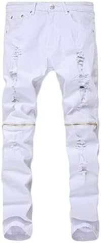 DEIOP Men's Skinny Destroyed Denim Zip Jeans with Extreme Ripped In Bleached Wash
